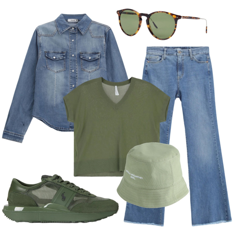 Outfit donna - Jeans & verde militare. Stile Urban per Tutti i giorni. Abbinamento con cappelli, camicie, jeans, t-shirt, occhiali da sole, sneakers.