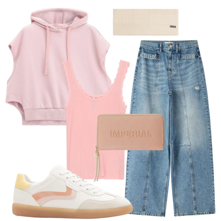 Outfit donna - Total look #2382899. Stile Sporty chic per Tutti i giorni. Abbinamento con sneakers, jeans, felpe con cappuccio, portafogli, canottiere, accessori per capelli.