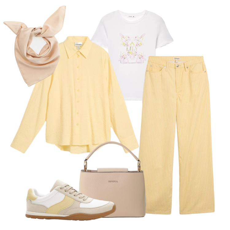 Outfit donna - Pomeriggio solare. Stile Casual per Tutti i giorni. Abbinamento con sneakers, pantaloni, camicie, t-shirt, borse a secchiello, foulard.