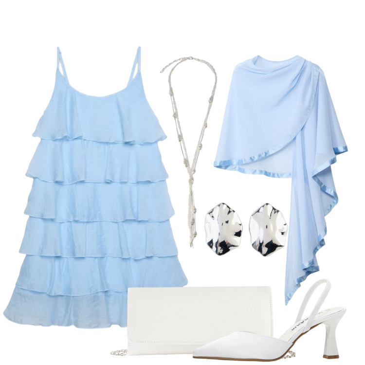 Outfit donna - Azzurro mare. Stile Bon Ton per Cerimonia. Abbinamento con stole, décolleté, orecchini, pochette, vestiti corti, collane.