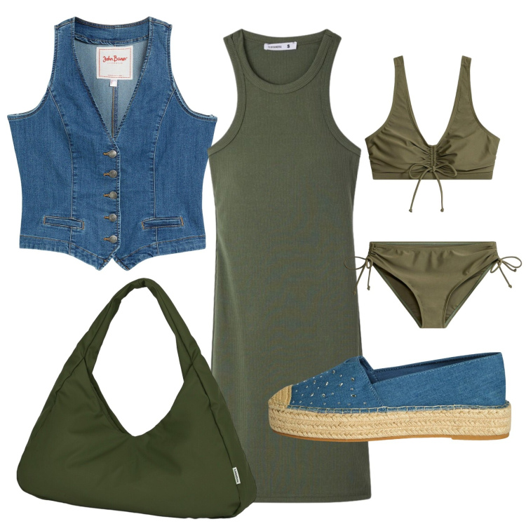 Outfit donna - Total look #2382902. Stile Trendy per Mare. Abbinamento con gilet, bikini, vestiti midi/longuette, espadrillas, borse a spalla.