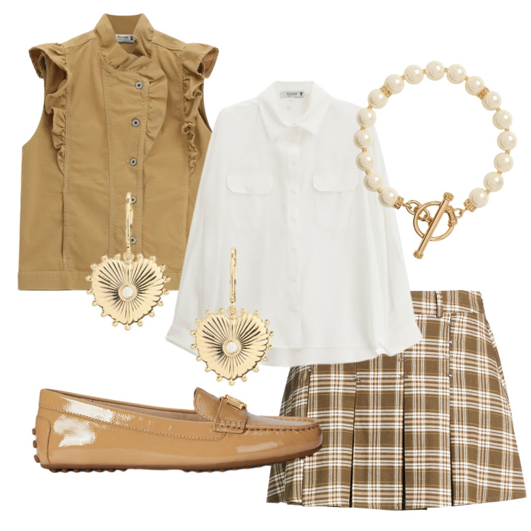 Outfit donna - Total look #2382903. Stile Preppy per Scuola/Università. Abbinamento con minigonne, gilet, camicie, mocassini, orecchini, collane.