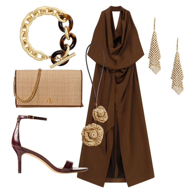 Outfit donna - Total look #2382905. Stile Chic per Cerimonia. Abbinamento con vestiti lunghi, sandali in pelle, orecchini, ciondoli, borse a tracolla, braccialetti.