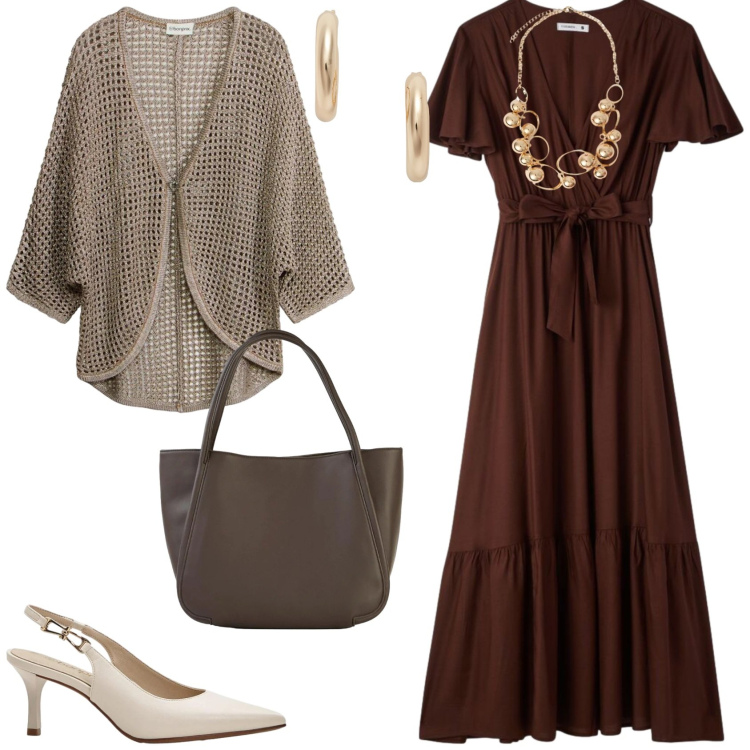 Outfit donna - L\'outfit romantico di primavera. Stile Romantica per Tutti i giorni. Abbinamento con cardigans, décolleté, shopping bag, vestiti lunghi, collane, orecchini.