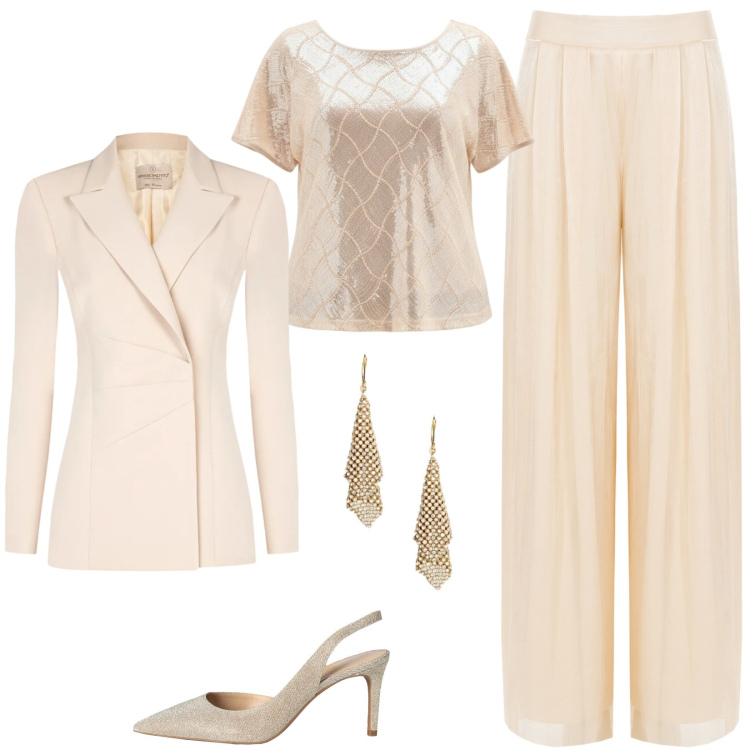 Outfit donna - Rinascimento: eleganza senza limiti. Stile Chic per Cerimonia. Abbinamento con décolleté, pantaloni a palazzo, blazer, bluse, orecchini.