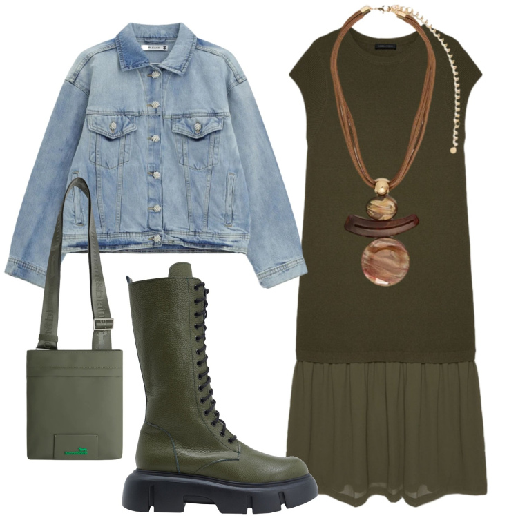 Outfit donna - Total look #2382911. Stile Military per Tutti i giorni. Abbinamento con stivali, vestiti lunghi, ciondoli, blazer, borse a tracolla.