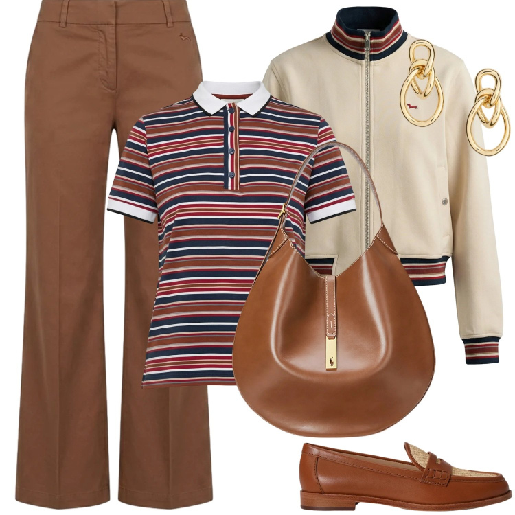 Outfit donna - Cappuccino Capsule. Stile Casual chic per Tutti i giorni. Abbinamento con pantaloni, felpe, polo, borse a spalla, orecchini, mocassini.