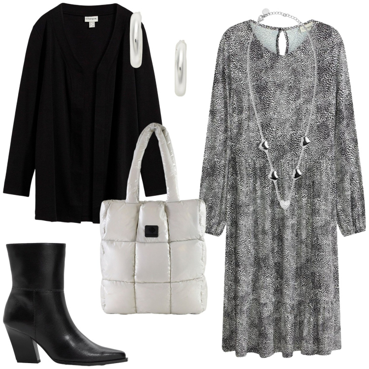 Outfit donna - IIl grigio in primavera. Stile Romantica per Tutti i giorni. Abbinamento con vestiti midi/longuette, stivaletti, cardigans, collane, shopping bag, orecchini.