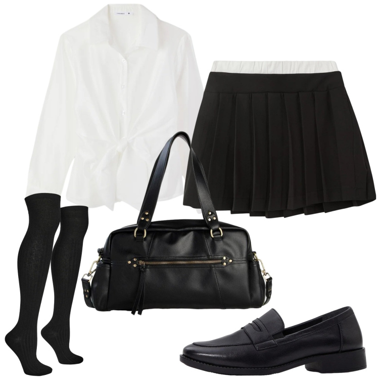 Outfit donna - Total look #2382919. Stile Preppy per Scuola/Università. Abbinamento con mocassini, borse a mano, camicie, minigonne, calzini.