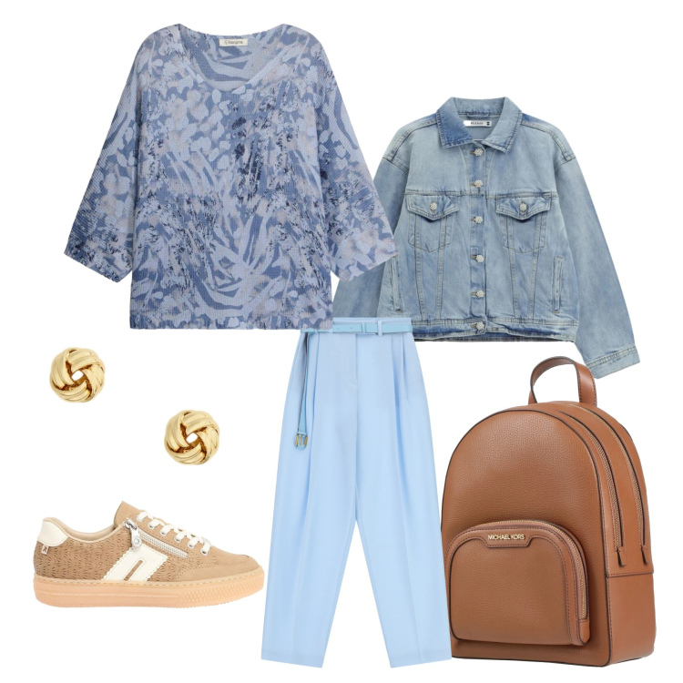 Outfit donna - Comode con stile. Stile Casual chic per Scuola/Università. Abbinamento con zaini, sneakers, t-shirt, blazer, pantaloni a palazzo, orecchini.