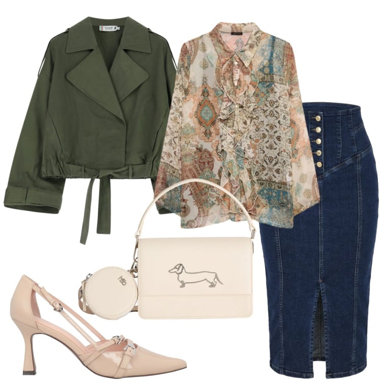 Outfit donna - Total look #2382923. Stile Casual chic per Ufficio. Abbinamento con décolleté, gonne longuette, camicie, parka, borse a tracolla.