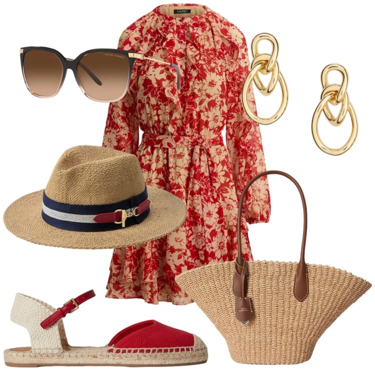Outfit donna - Total look #2382924. Stile Casual chic per Tutti i giorni. Abbinamento con occhiali da sole, orecchini, vestiti chemisier, borse tote, espadrillas, cappelli.