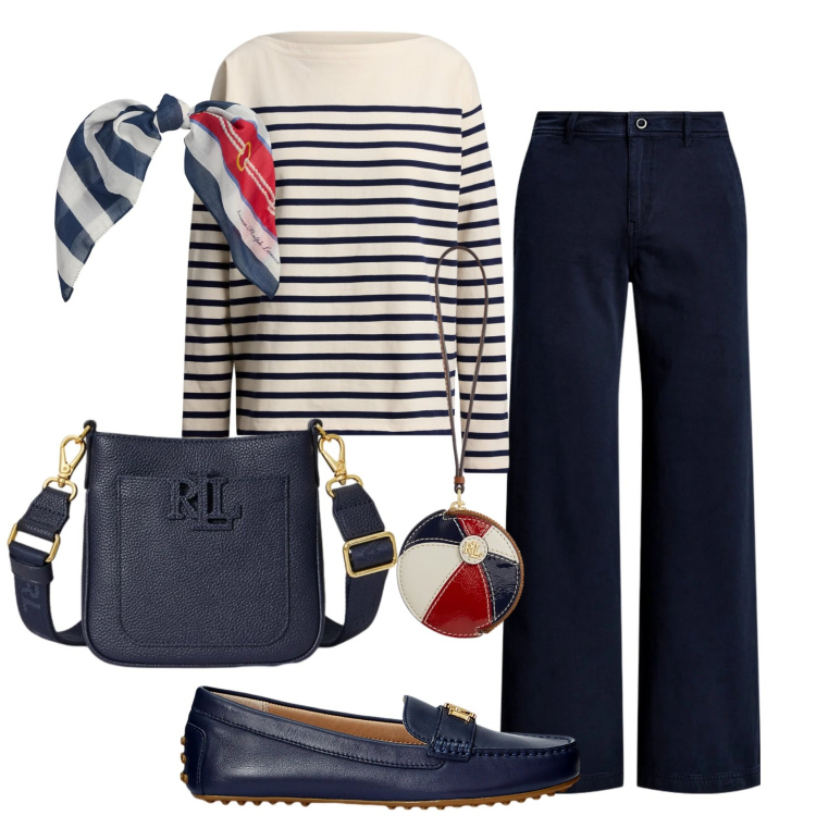 Outfit donna - Total look #2382926. Stile Casual per Ufficio. Abbinamento con mocassini, pantaloni, borse a tracolla, portachiavi, maglieria, foulard.