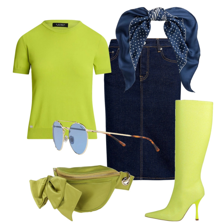 Outfit donna - Total look #2382927. Stile Vintage retrò per Ufficio. Abbinamento con marsupi, stivali, gonne, foulard, occhiali da sole, t-shirt.