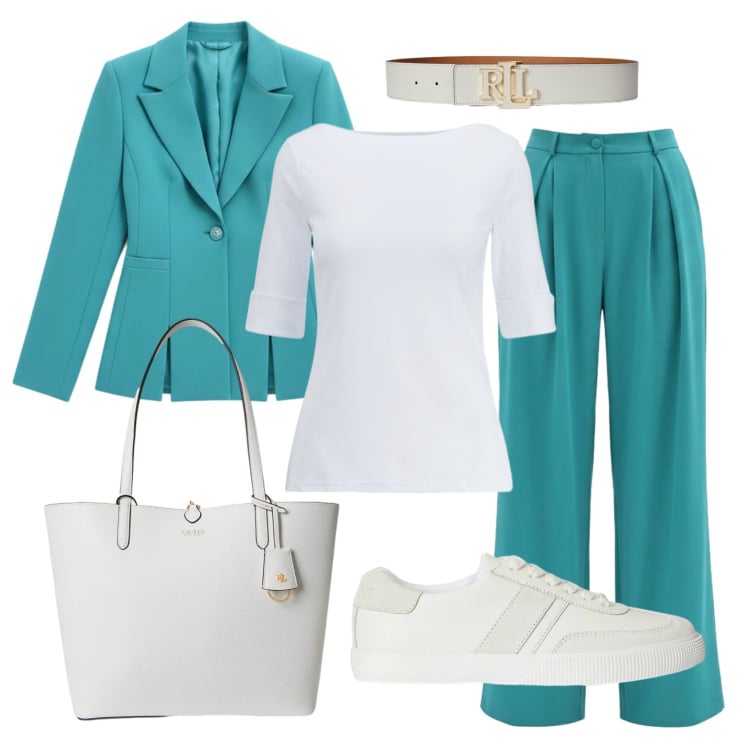 Outfit donna - Total look #2382931. Stile Mannish per Ufficio. Abbinamento con blazer, pantaloni a palazzo, t-shirt, cinture, sneakers, borse tote.