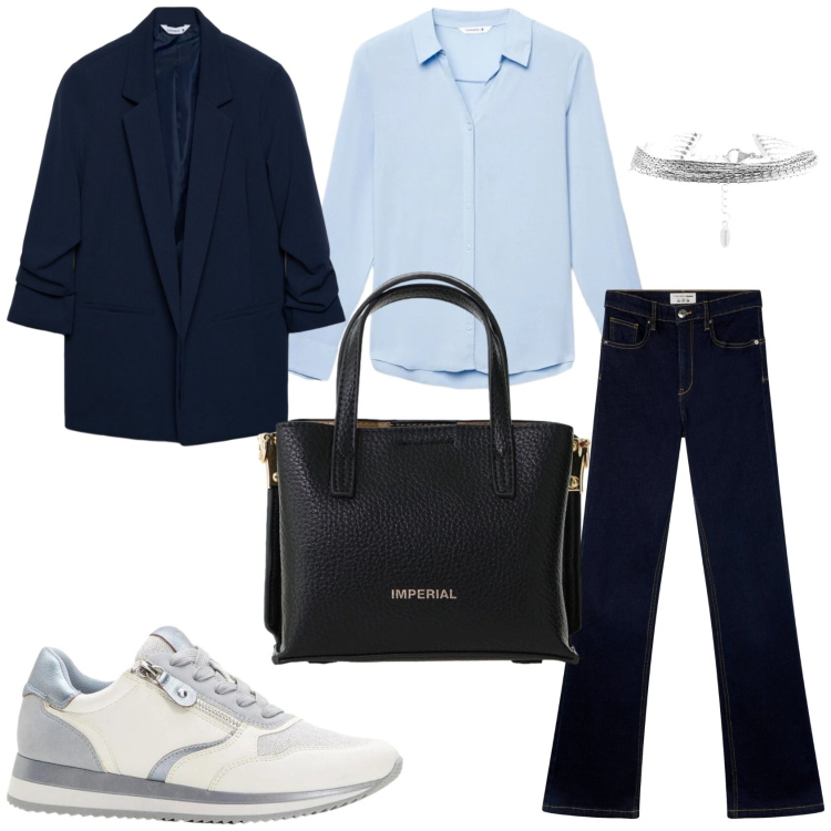 Outfit donna - Un outfit per l\'ufficio. Stile Casual chic per Ufficio. Abbinamento con sneakers, borse a tracolla, braccialetti, jeans a zampa, blazer, camicie.