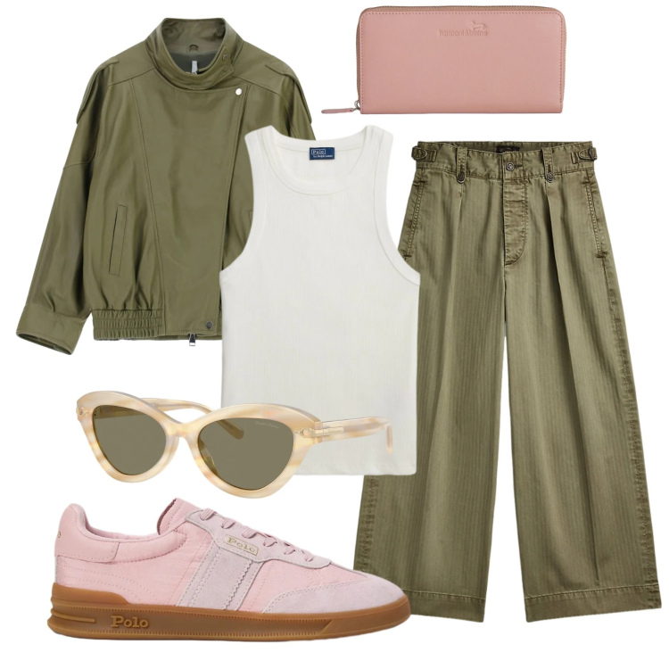 Outfit donna - Verde militare e rosa. Stile Urban per Tutti i giorni. Abbinamento con giacche, portafogli, pantaloni, occhiali da sole, sneakers, canottiere.