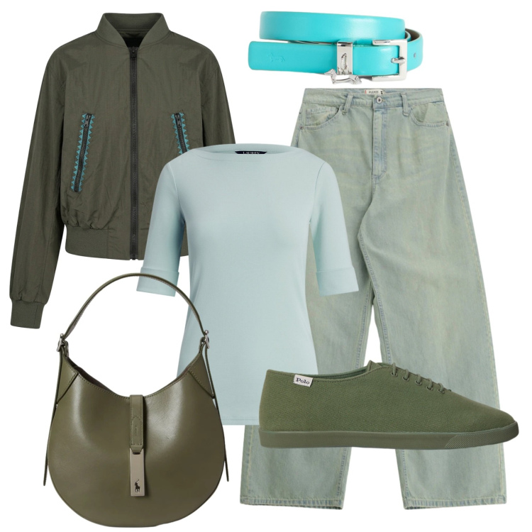 Outfit donna - Total look #2382935. Stile Urban per Tutti i giorni. Abbinamento con jeans, cinture, t-shirt, sneakers, borse a spalla, bomber.