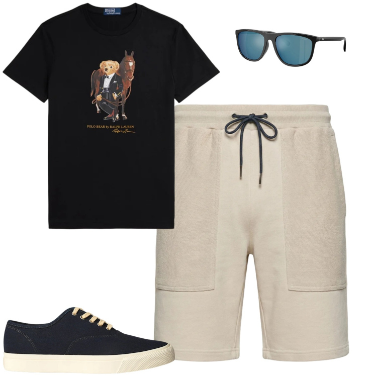 Outfit uomo - Spring. Stile Casual per Tutti i giorni. Abbinamento con pantaloni corti, sneakers, occhiali da sole, t-shirt.