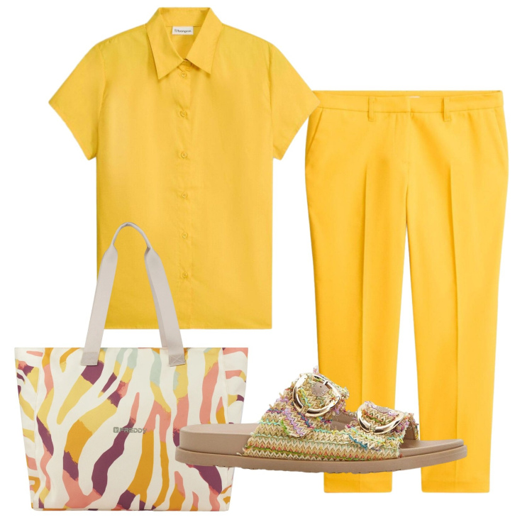 Outfit donna - Total look #2382938. Stile Minimal per Ufficio. Abbinamento con ciabatte, pantaloni, camicie a manica corta, shopping bag.