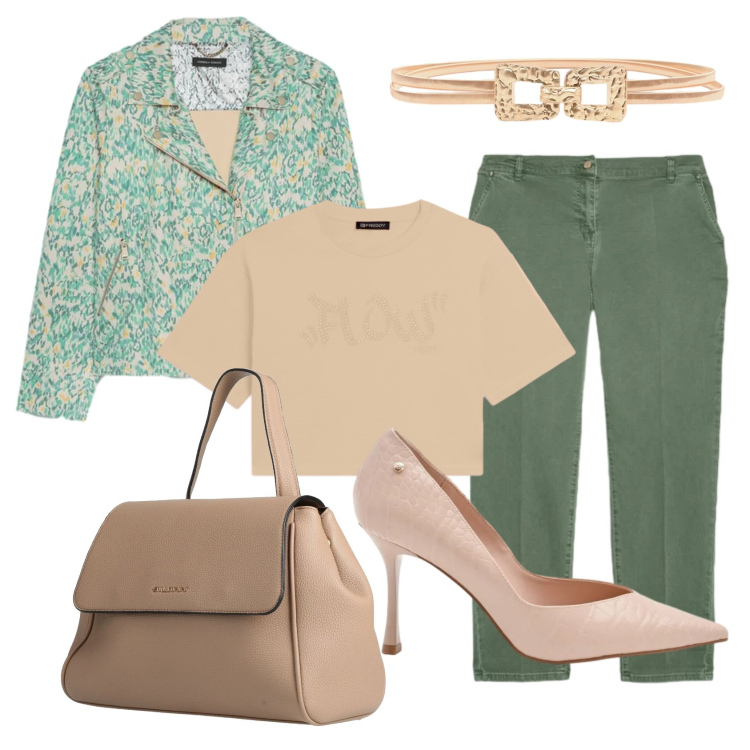 Outfit donna - Beige e verde in ufficio. Stile Casual chic per Ufficio. Abbinamento con zaini, pantaloni chino, blazer, cinture, décolleté, t-shirt.