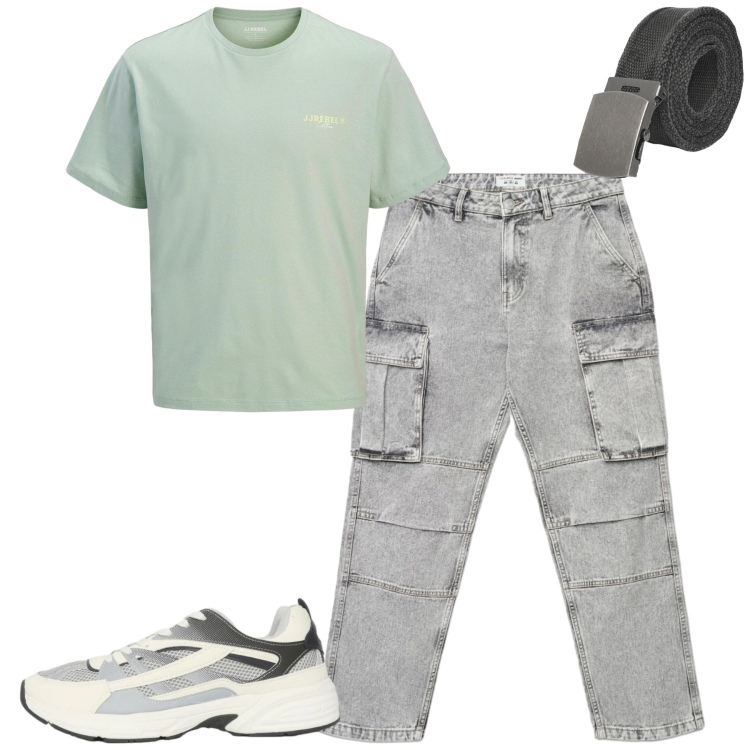 Outfit uomo - Aprile. Stile Casual per Tutti i giorni. Abbinamento con t-shirt, cinture, sneakers, jeans.