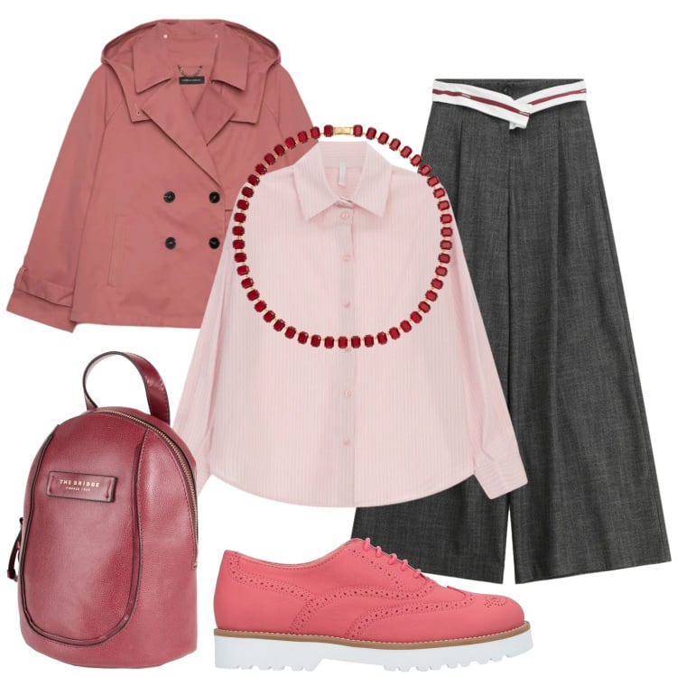 Outfit donna - Look rosa antico. Stile Urban per Ufficio. Abbinamento con scarpe stringate, zaini, trench, pantaloni a palazzo, camicie, collane.