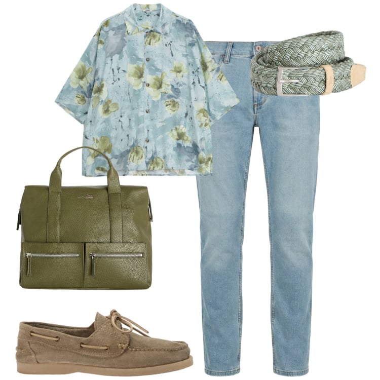 Outfit uomo - Total look #2382949. Stile Trendy per Tutti i giorni. Abbinamento con camicie a manica corta, jeans slim fit, borse sportive, scarpe stringate, cinture.