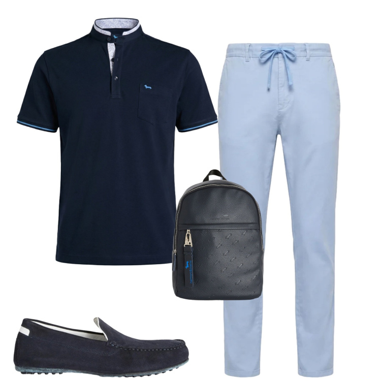 Outfit uomo - City. Stile Urban per Tutti i giorni. Abbinamento con scarpe stringate, borse sportive, polo, pantaloni.