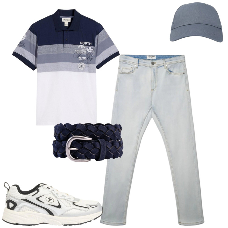 Outfit uomo - Spring. Stile Urban per Tutti i giorni. Abbinamento con sneakers, polo, cappelli con visiera, jeans skinny, cinture.