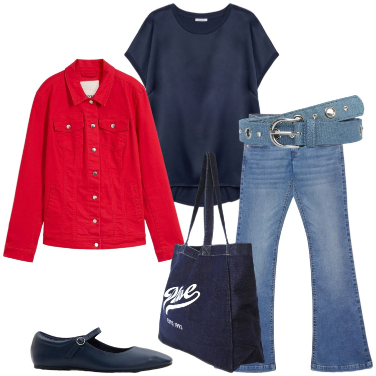 Outfit donna - Total look #2382972. Stile Trendy per Tutti i giorni. Abbinamento con ballerine, blazer, jeans a zampa, cinture, bluse, shopping bag.