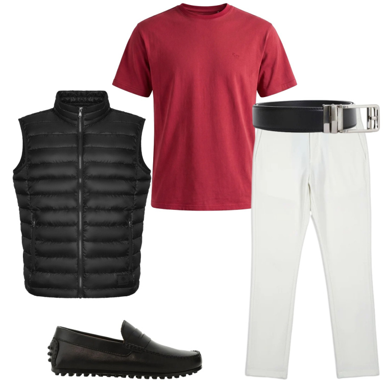 Outfit uomo - Casual ad aprile. Stile Casual per Tutti i giorni. Abbinamento con t-shirt, scarpe stringate, cinture, piumini, pantaloni.