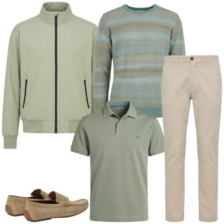 Outfit uomo - Total look #2382979. Stile Casual per Tutti i giorni. Abbinamento con pullovers, polo, scarpe stringate, pantaloni, bomber.