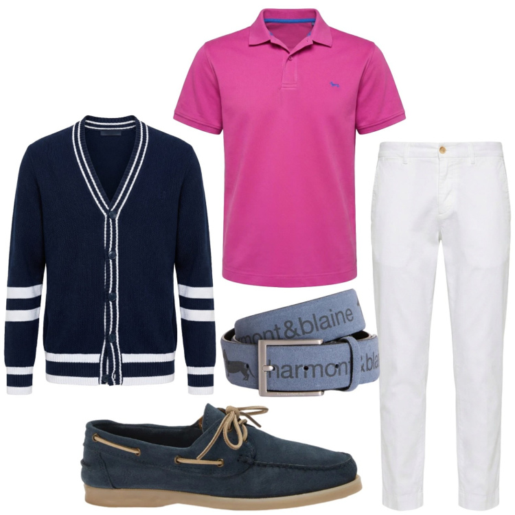 Outfit uomo - Sorbetto Preppy - Harmont & Blaine. Stile Trendy per Tutti i giorni. Abbinamento con cardigans, cinture, pantaloni chino, polo, scarpe stringate.