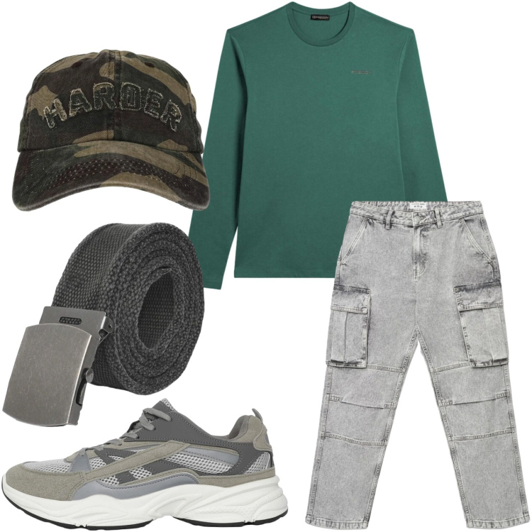 Outfit uomo - Green naturale. Stile Casual per Tutti i giorni. Abbinamento con sneakers, cinture, jeans, cappelli con visiera, t-shirt.