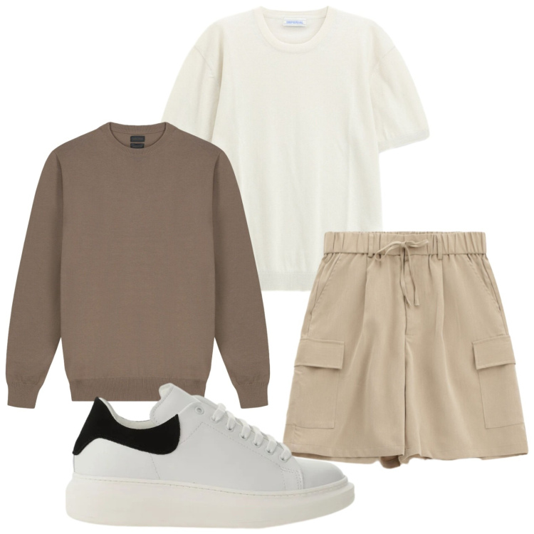 Outfit uomo - Bermuda leggeri. Stile Trendy per Tutti i giorni. Abbinamento con bermuda, sneakers, t-shirt, maglieria.