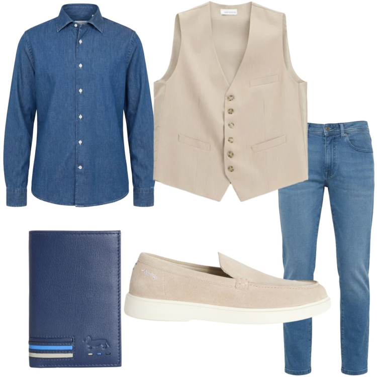 Outfit uomo - Gilet neutro. Stile Casual per Tutti i giorni. Abbinamento con gilet, scarpe stringate, portafogli, camicie, jeans slim fit.