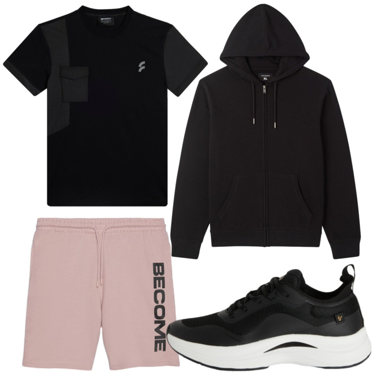 Outfit uomo - Performante. Stile Trendy per Tutti i giorni. Abbinamento con bermuda, felpe con cappuccio, sneakers, t-shirt.