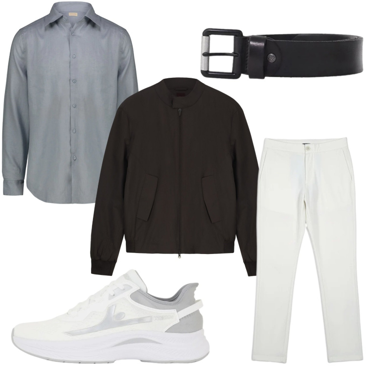 Outfit uomo - Primaverile. Stile Casual per Tutti i giorni. Abbinamento con cinture, pantaloni, sneakers, camicie, bomber.
