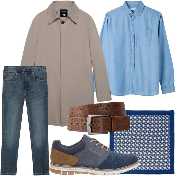 Outfit uomo - Formale in camicia. Stile Trendy per Tutti i giorni. Abbinamento con scarpe stringate, cinture, trench, camicie, jeans, sciarpe e foulard.