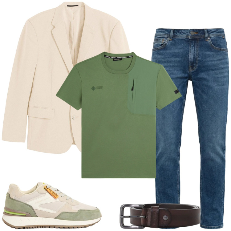 Outfit uomo - Denim di stagione. Stile Casual per Tutti i giorni. Abbinamento con giacche, sneakers, cinture, jeans, t-shirt.