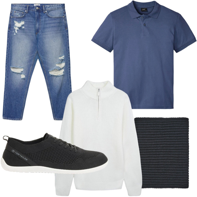 Outfit uomo - Il cardigan luminoso. Stile Casual per Tutti i giorni. Abbinamento con polo, sneakers, maglieria, scaldacollo, jeans strappati.