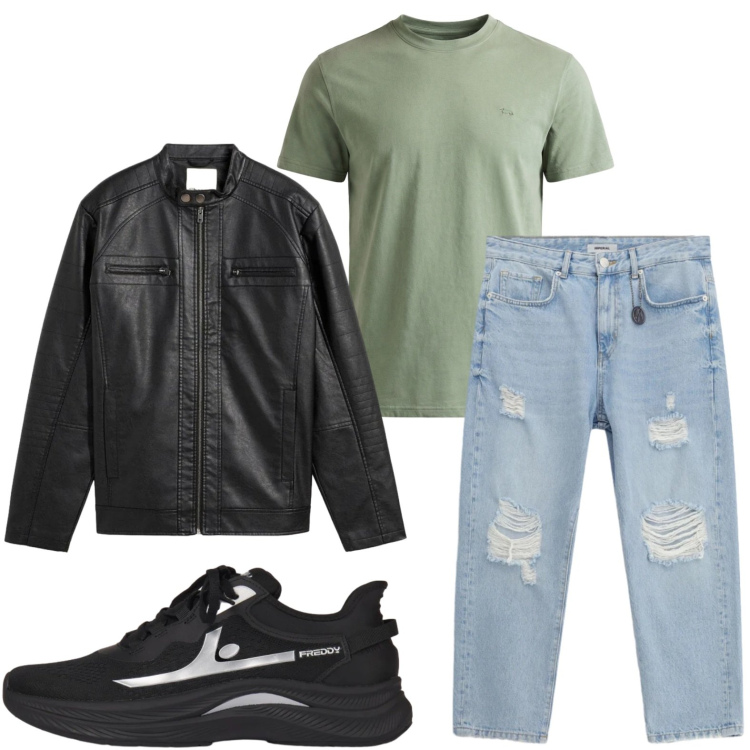 Outfit uomo - Pelle e jeans strappati. Stile Trendy per Tutti i giorni. Abbinamento con giacche, jeans strappati, t-shirt, sneakers.