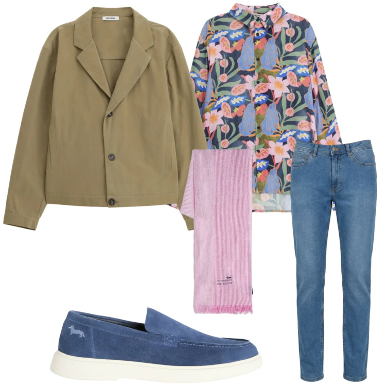 Outfit uomo - Fiori. Stile Trendy per Tutti i giorni. Abbinamento con camicie, giacche, sciarpe, jeans, sneakers.