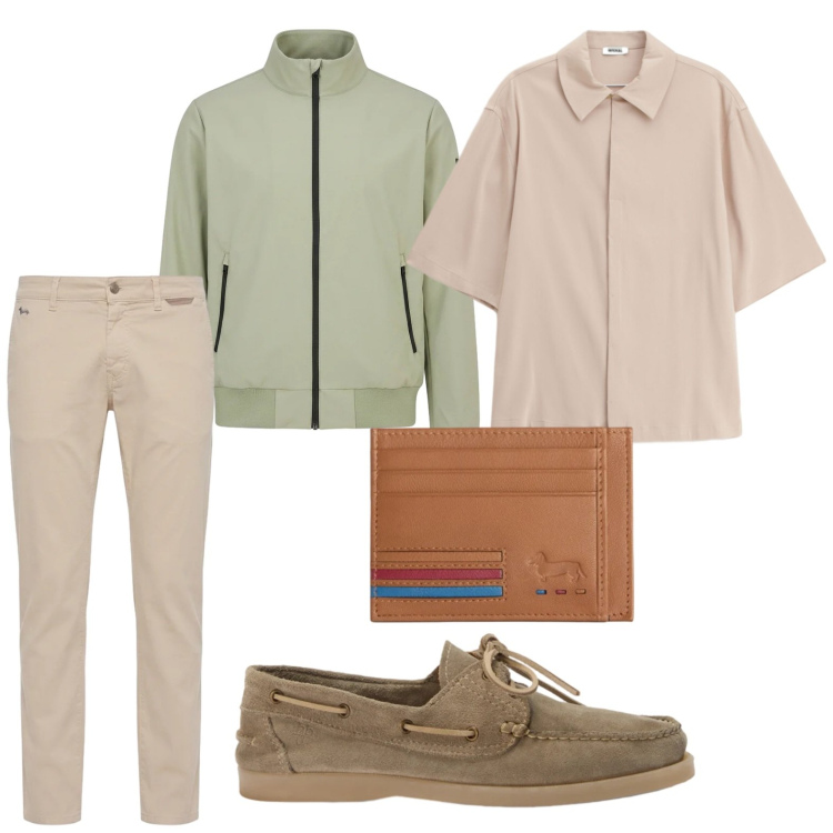 Outfit uomo - Colori pastello. Stile Trendy per Tutti i giorni. Abbinamento con camicie a manica corta, portafogli, pantaloni, scarpe stringate, bomber.
