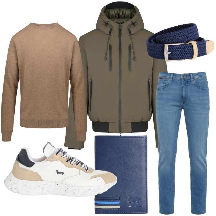 Outfit uomo - Skinny pop. Stile Trendy per Tutti i giorni. Abbinamento con cinture, portafogli, sneakers, jeans slim fit, giacche, maglieria.