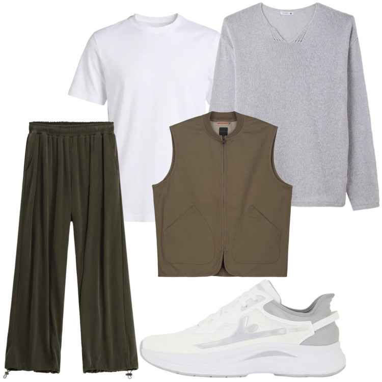 Outfit uomo - Minimal. Stile Urban per Tutti i giorni. Abbinamento con maglieria, pantaloni, t-shirt, sneakers, gilet.