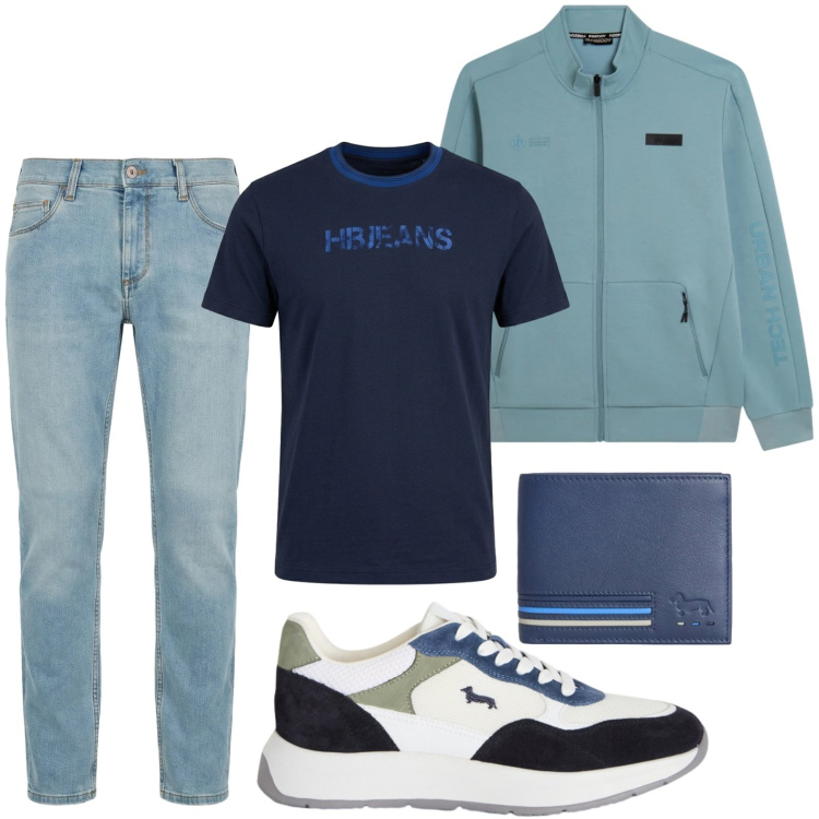 Outfit uomo - T-shirt blu notte. Stile Trendy per Tutti i giorni. Abbinamento con jeans slim fit, sneakers, portafogli, t-shirt, felpe.
