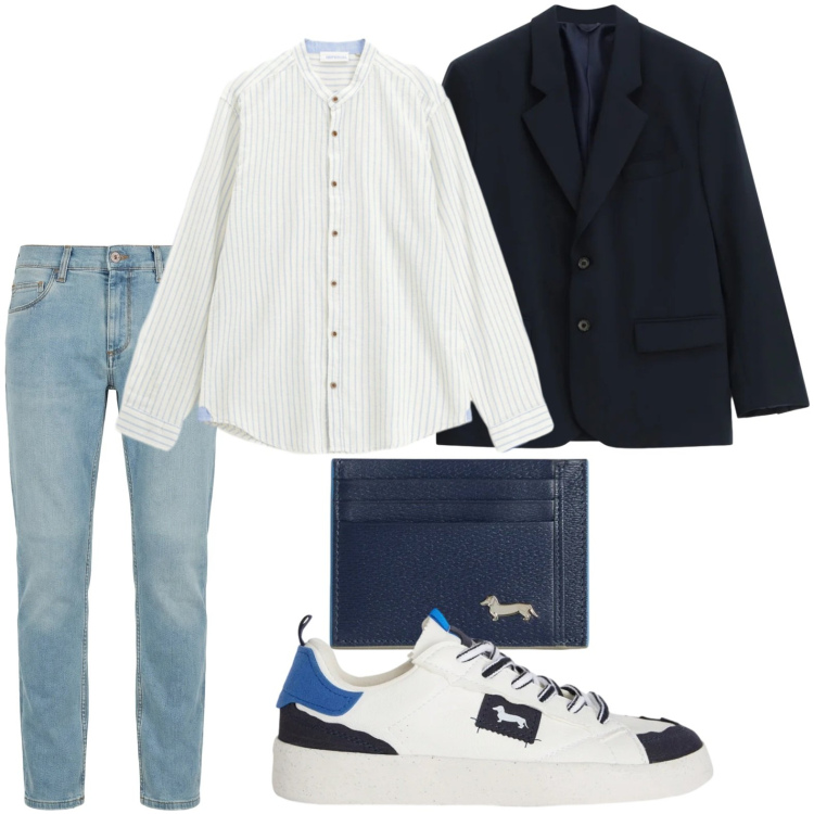 Outfit uomo - Tonalità blu. Stile Trendy per Tutti i giorni. Abbinamento con giacche, camicie, jeans slim fit, sneakers, portafogli.