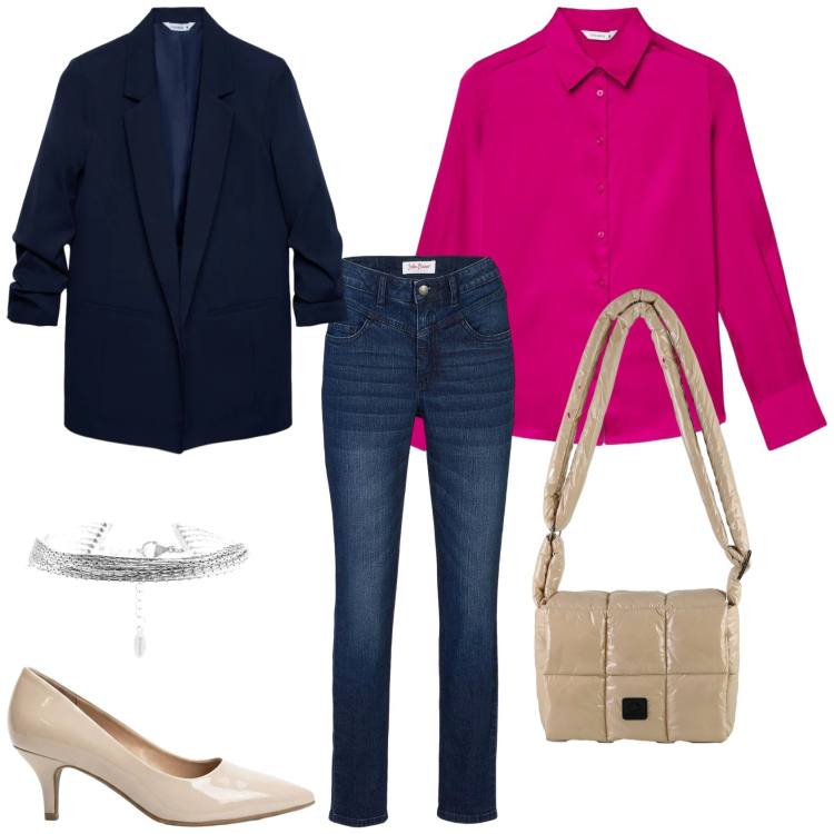 Outfit donna - Un completo per la primavera. Stile Trendy per Ufficio. Abbinamento con jeans skinny, décolleté, camicie, blazer, braccialetti, borse a spalla.